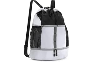 Valleycomfy Drawstring Gym Bag Sports Backpack With Shoe Compartment and Reflective Strips White