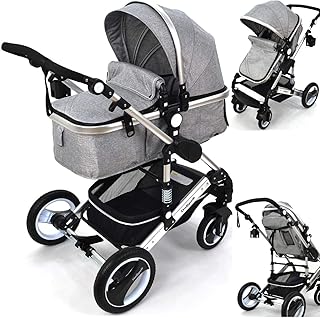 Daliya Bambimo 2in1 Kinderwagen - Kombikinderwagen 9-Teiliges Set incl. Babywanne &amp; Sportsitz/Buggy - 1-Klick-System/Alu-Rahmen/Voll-Gummireifen/Sonnenschutz/Getränkehalter in Grau
