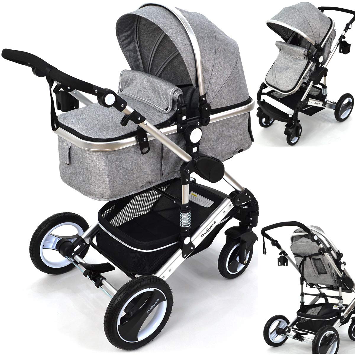 Daliya Bambimo 2in1 Kinderwagen - Kombikinderwagen 9-Teiliges Set incl. Babywanne &amp; Sportsitz/Buggy - 1-Klick-System/Alu-Rahmen/Voll-Gummireifen/Sonnenschutz/Getränkehalter in Grau