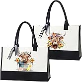 Bulyoou 2 Pcs Highland Cow Tote Bag Book Lovers Gifts Reusable Floral Canvas Tote Bag Teacher Appreciation Gifts for Women Shopping Teacher Mom Nurse Friends Wife Holiday Party Birthday Present