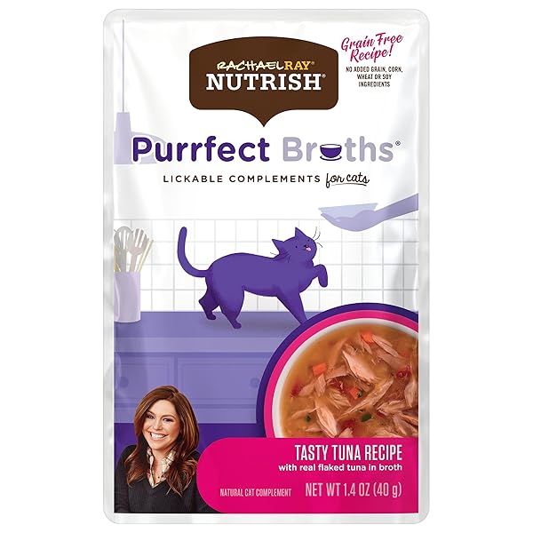 NUTRISH RACHAEL RAY PURRFECT BROTHS WET CAT FOOD, TASTY TUNA RECIPE WITH FLAKED TUNA & VEGGIES, 1.4 OUNCE POUCH, GRAIN FREE