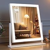 Bearolve Vanity Mirror with Lights 14.5"x16.5", LED Makeup Mirror, 3 Color Lighting Modes, 10X Magnification, Smart Touch Control, Dimmable, Aluminum Metal Frame, Lighted Up for Vanity Desk (White)