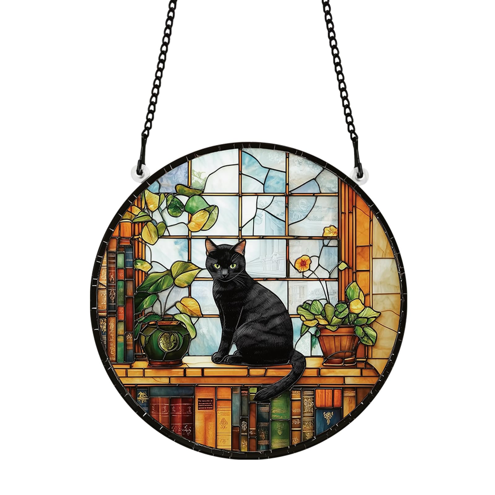 PLIGREAT Black Cat Suncatcher, Acrylic Stained Sun Catcher for Garden Patio Tree Bookshelf Cute Hanging Ornament for Living Room Bedroom Window Wall Art Decor Memorial Gift for Cat Lovers