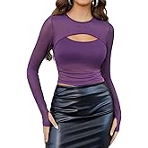 Avidlove Women's Sheer Mesh Long Sleeve Crop Top y2k Sexy Tee Blouse Cutout Clubwear with Thumb Holes