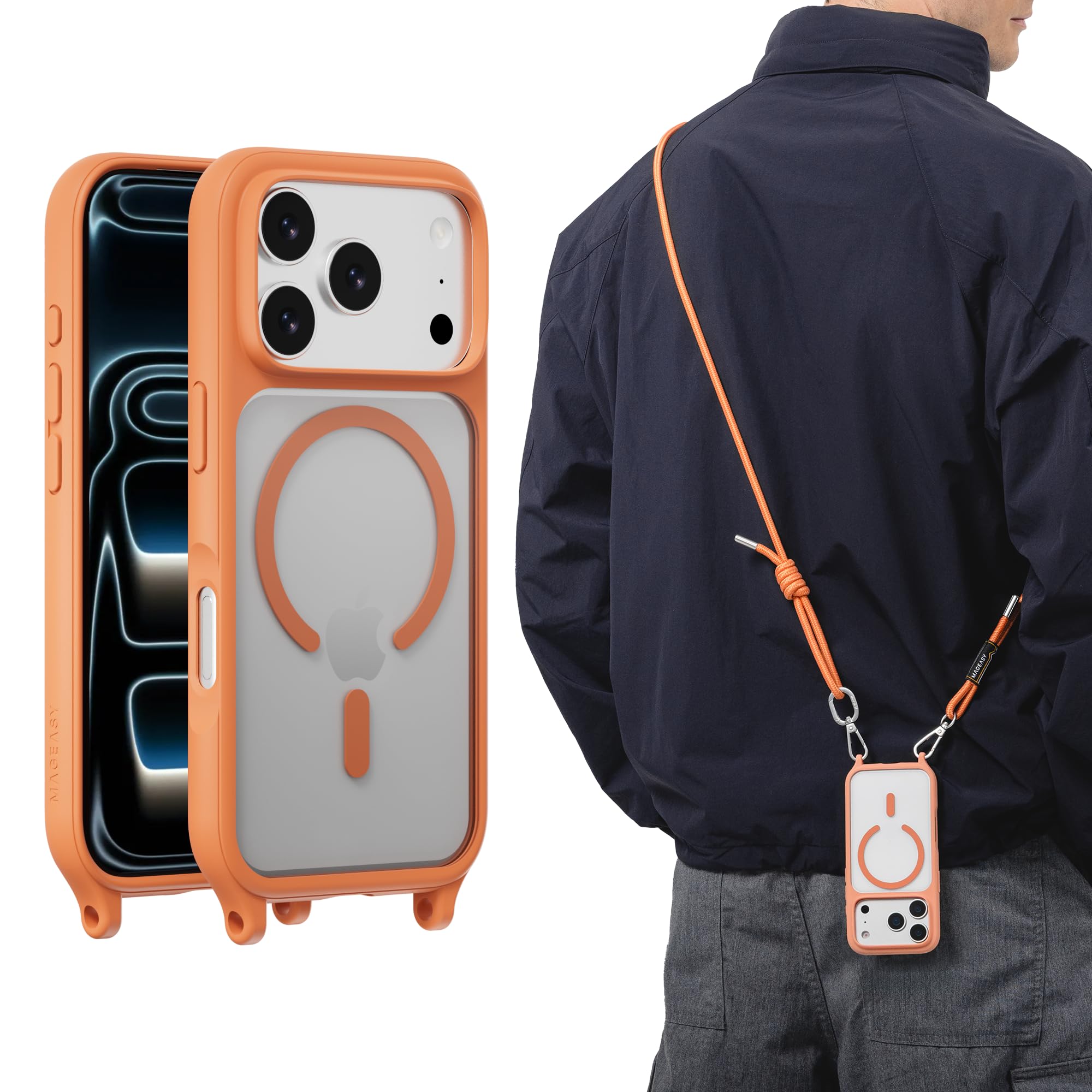 Photo 1 of MAGEASY Compatible with iPhone 17 Pro 6.3" Case with Crossbody Strap - 16ft Drop Protection, Compatible with MagSafe | Roam M (Coral)