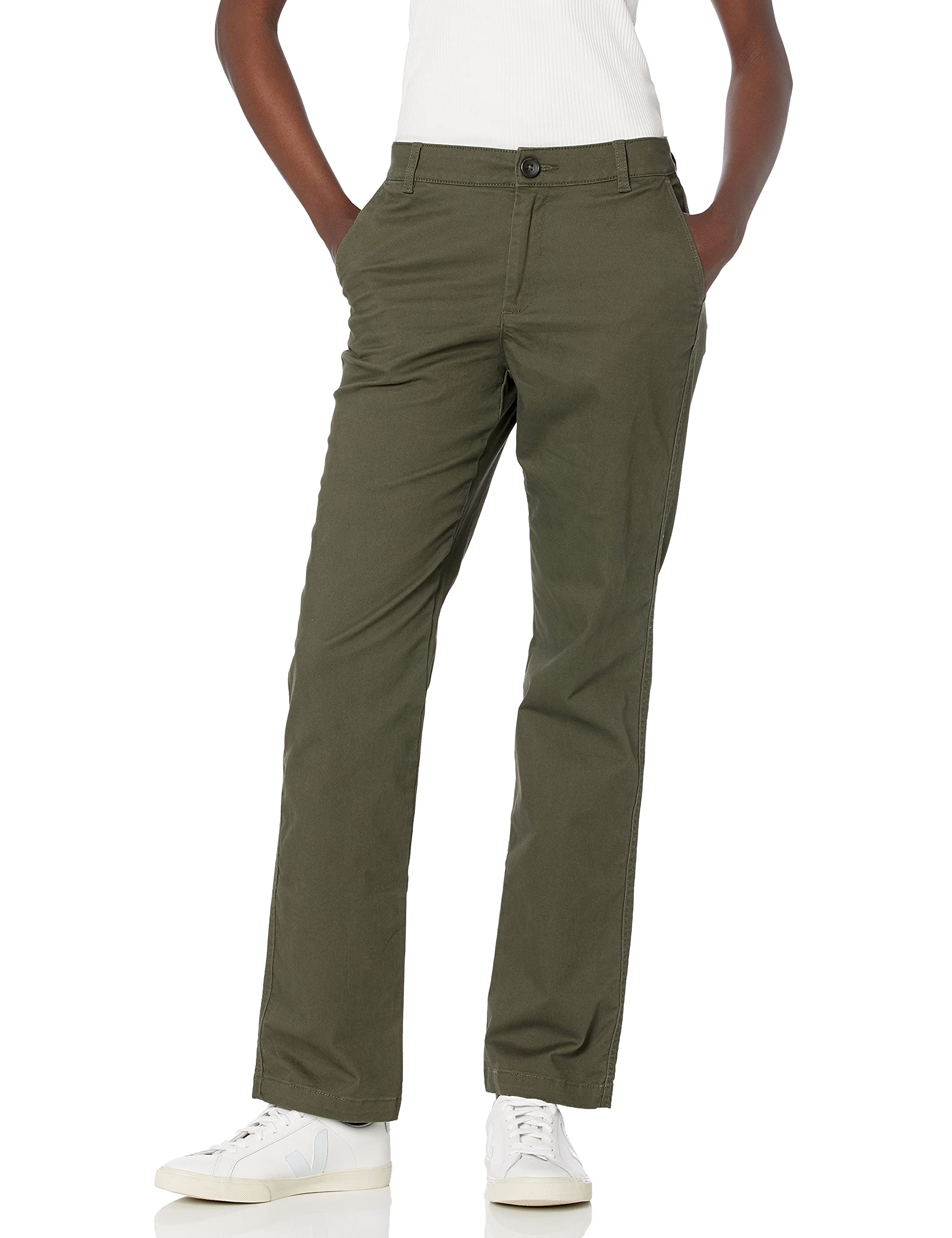 Photo 1 of Amazon Essentials Women's Slim Fit, Straight leg Stretch Twill Chino Pant, Dark Olive, 14