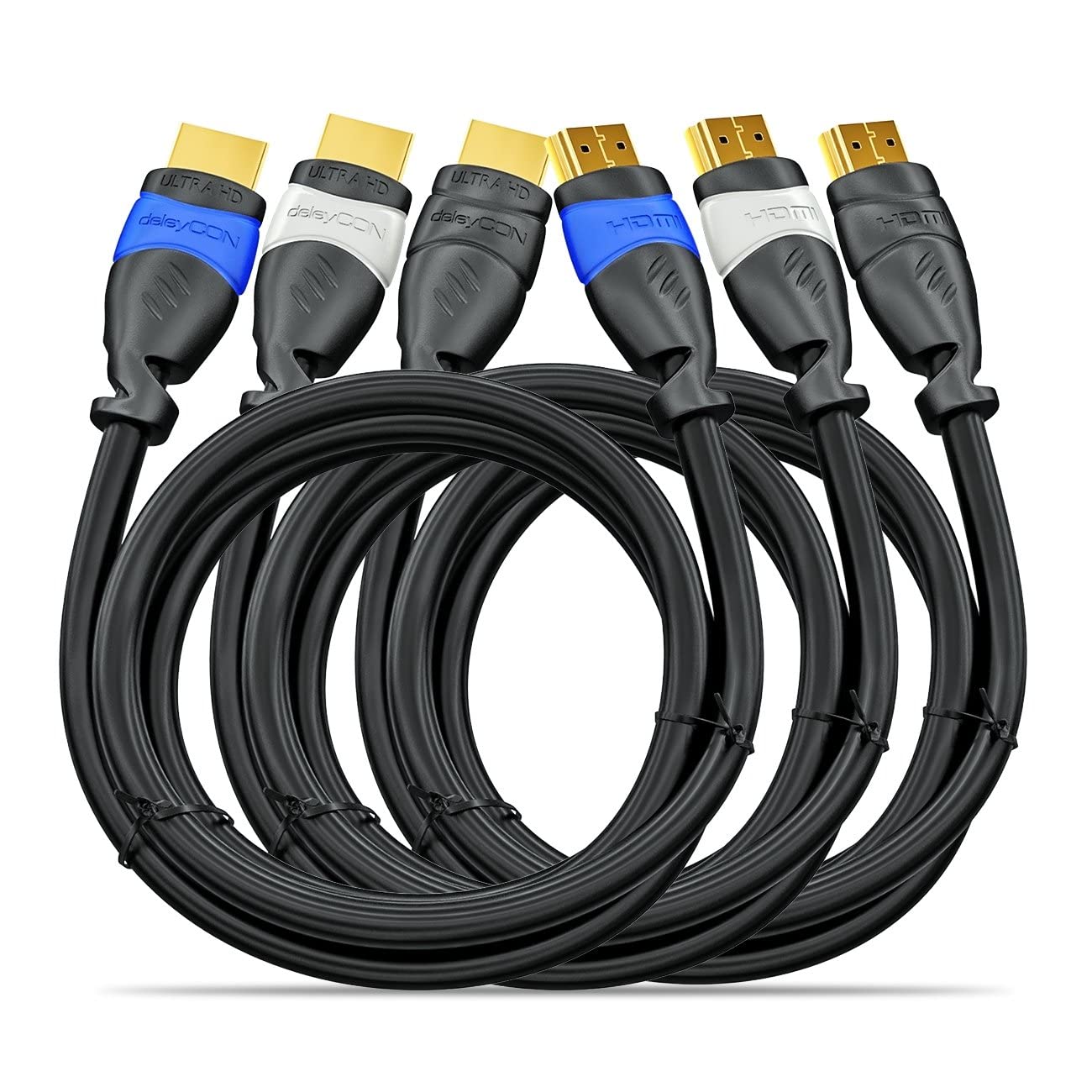 deleyCON 3x 1m (3.28 ft.) HDMI Cable Set Compatible with HDMI 2.0a/b/1.4a - UHD 4K HDR 3D 1080p 2160p ARC - High Speed with Ethernet - Blue Grey Black