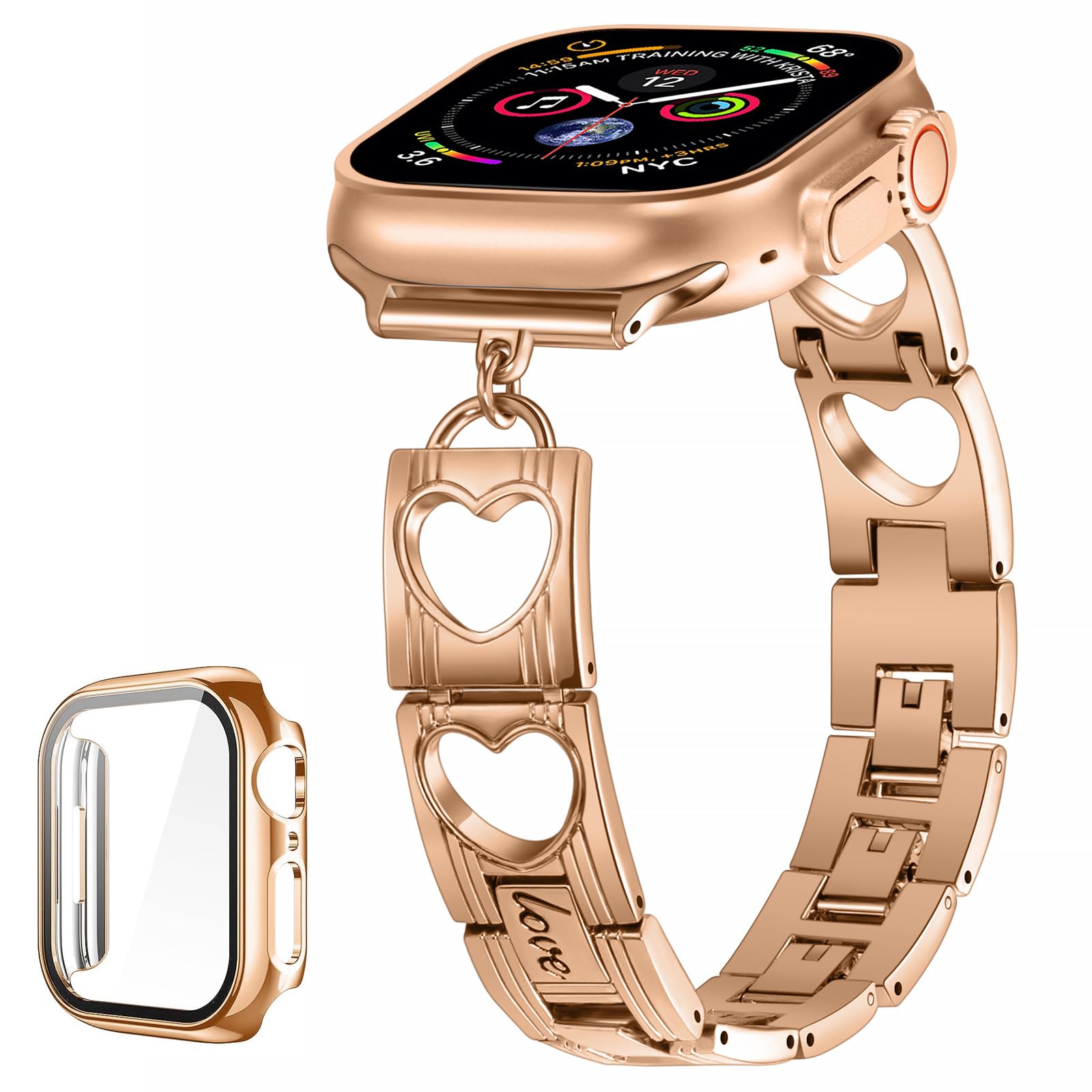 SaNgaiMEi Metal Strap Compatible with Apple Watch 41mm 40mm 38mm Women Heart Replacement Bands & 41mm Hard Case with Tempered Glass Screen Protector for iWatch SE Series 9 8 7 6 5 4 3 2 1 41mm Rose