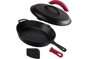 Cast Iron Skillet with Lid - 12"-inch Pre-Seasoned Covered Frying Pan Set + Silicone Handle & Lid Holders + Scraper/Cleaner -