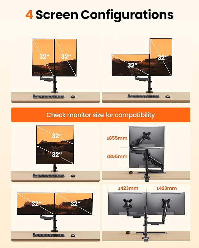 Braccio Monitor Doppio Verticale, Supporto Schermi 13-32″, fino a 9kg per Braccio, Maggiore Stabilità con Morsetto a C Integrato, Gestione dei Cavi Migliorata, VESA 75x75/100x100 mm, Nero
