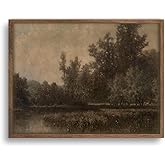 YSDPIC Vintage Forest Landscape Wall Art with Dark Wood Frame – 12x16 Inch Rustic Tree and Lake Painting, Curated Canvas Pict