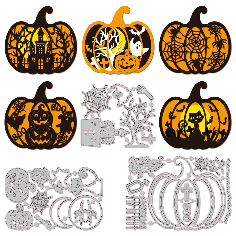 MAYJOYDIY Halloween Pumpkin Cat Die Cuts, Pumpkin Theme Bats Cut Stencils Castle Tree Spider Carbon Steel Cutting Dies for DIY Scrapbooking Album Decorative Embossing Paper Card Art Craft