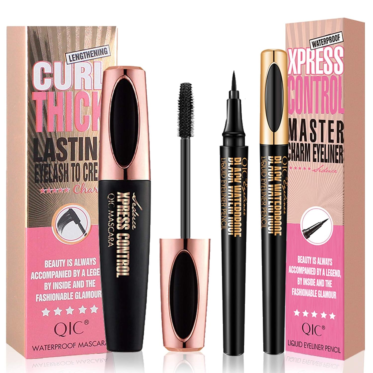 4D Silk Fiber Mascara & Eyeliner Set, Long-lasting All Day, Smudge-Proof, Waterproof, Adds Length, Depth and Glamour Effortlessly, Best Cosmetics for Eye Makeup