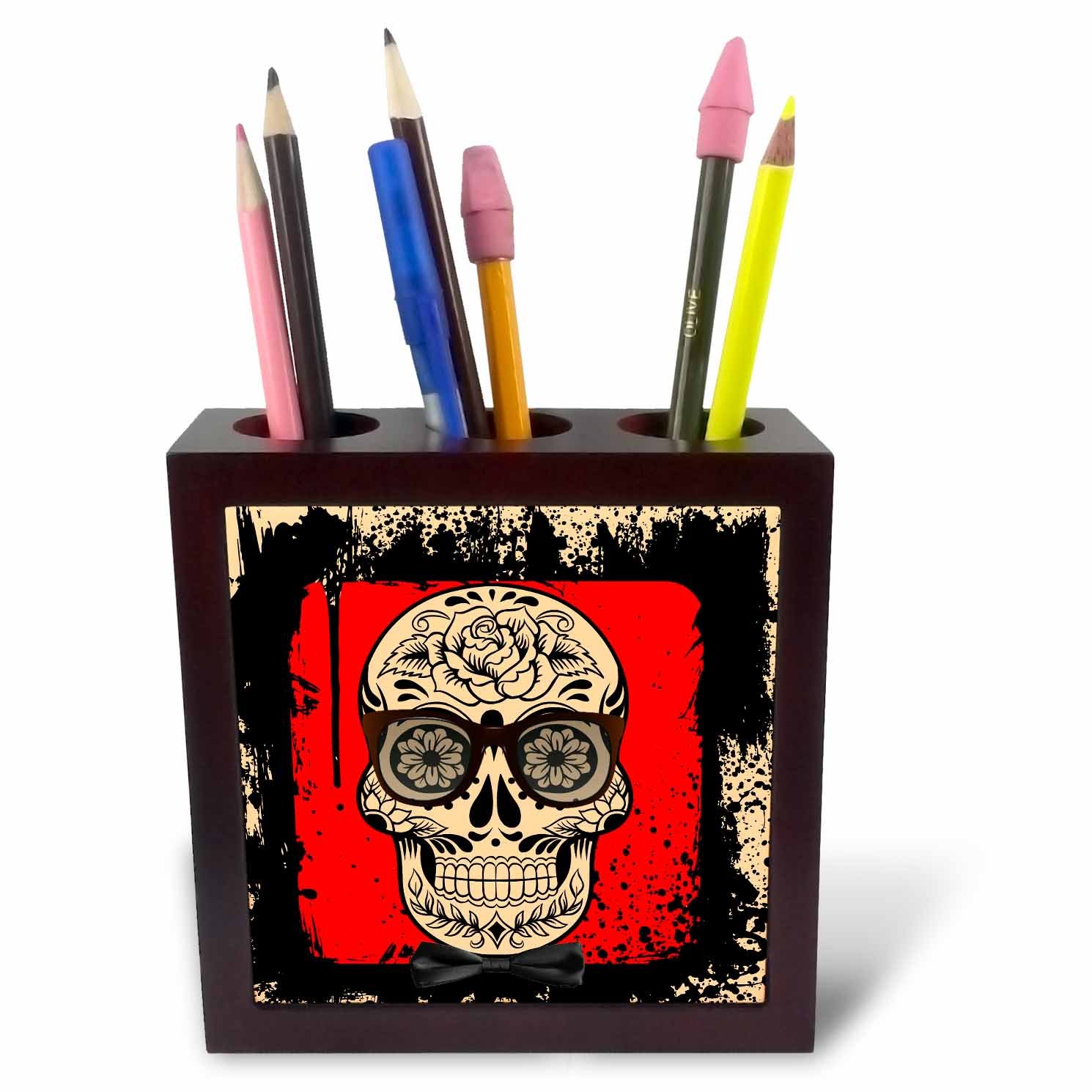 3dRose ph_233922_1 5-Inch "Day of The Dead Sunglasses Bow Tie Unique Design" Tile Pen Holder
