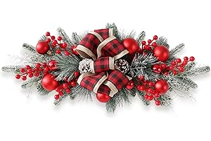 FACINOC 24" Artificial Christmas Swag for Front Door Decorative Xmas Swags with Red Berries Pine Cones Bow Festive Decorations for Mantle Wall Indoor Outdoor Holiday Home Decor (Red 1 PCS)