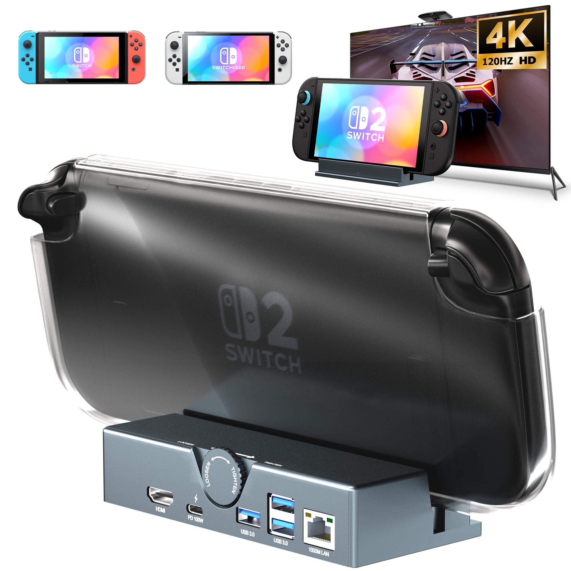Switch 2 Dock,Premium Metal Switch 2 Docking Station with Adjustable Knob,Works with Protective Case,Support 4K@120Hz HDMI,Gigabit Ethernet,Compatible with Switch OLED/Legion Go 2