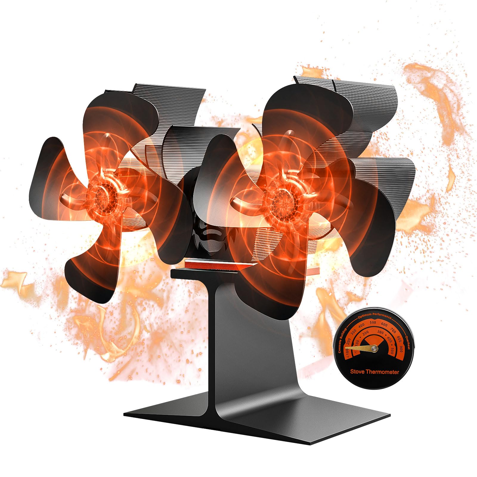 Gotrain Dual Log Burner Fan 8 Blades Wood Stove Fan Silent Operation Fan for Wood Burning Stove with Stove Thermometer Wood Burner Fan for Wood/Log Burner/Fireplace