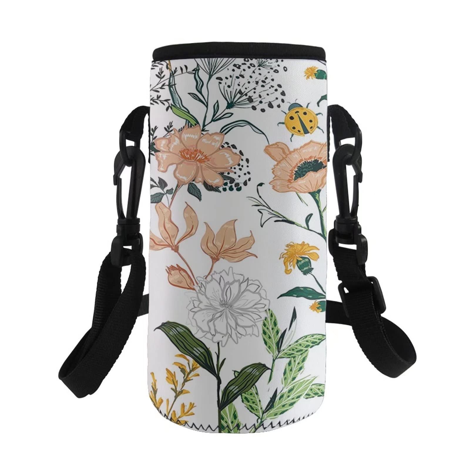 COEQINE Tropical Flowers Print Women Girls Water Bottle Carrier Bag Holder Insulated Neoprene Water Bottle Pouch Cover with Adjustable Shoulder Strap,for Hiking Travel Outdoor School