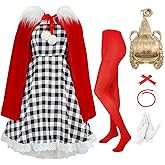 DOBGOMN 7PCS Adult Women Christmas Anime Costume Dress With Wig Cape Gloves Necklace Plaid Xmas Cosplay Outfits Accessories