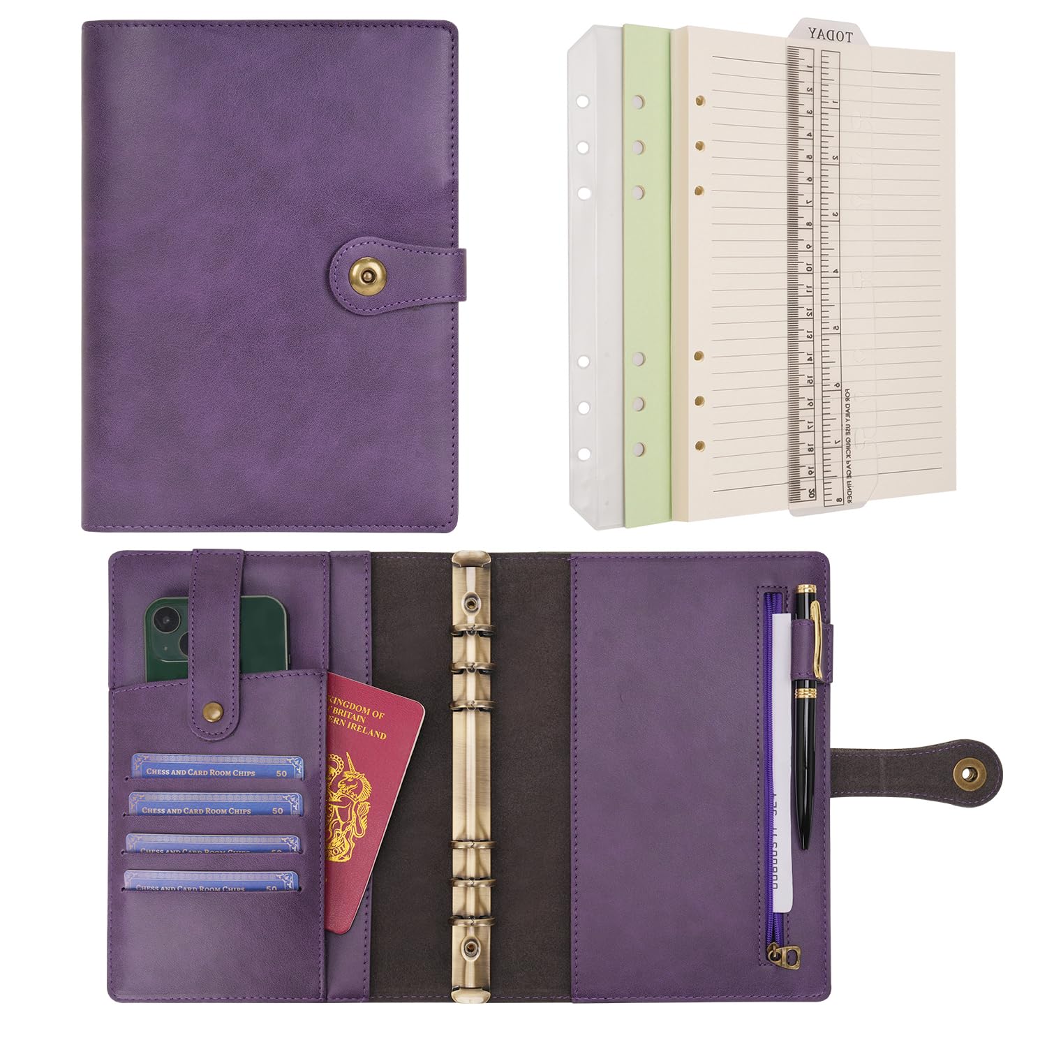 Wonderpool A5 Binder Travel Diary Journal Notebook, College Ruled Paper Refillable, Leather Budget Binder Rings Organizer with Pen for Office School Business Planning Writing (Purple, A5)