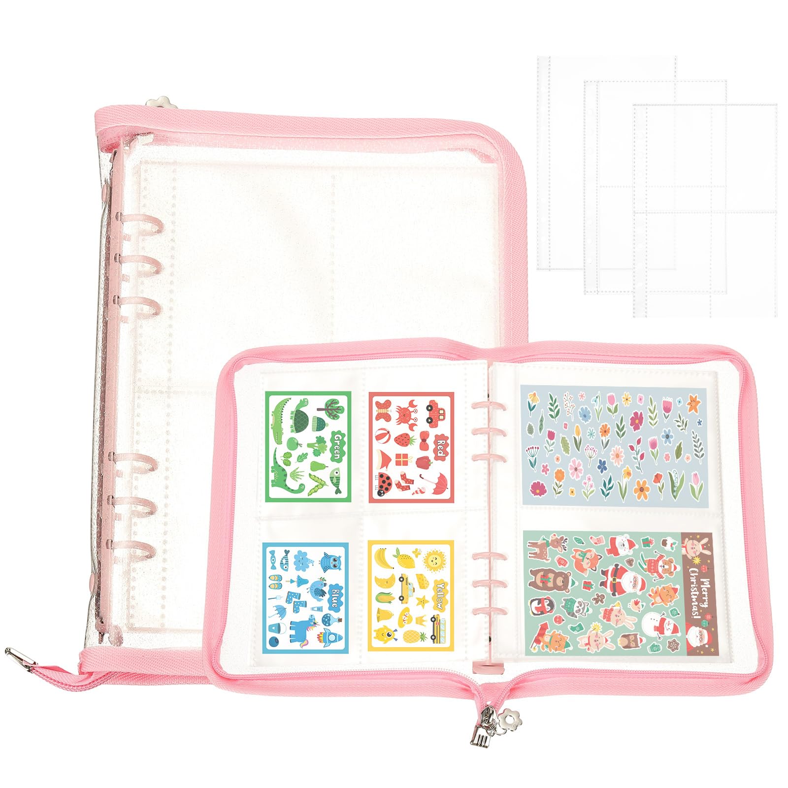 PATIKIL Sticker Organizer Binder, Reusable A5 Sticker Album Collecting Book Glitter Cover Zipper Binder with 220 Pocket, Pink