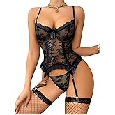 uwsic Women Sexy Corset Lingerie Sets Lace Floral Mesh Garter Lingerie Outfits Underwire Babydoll with Thong and Stockings