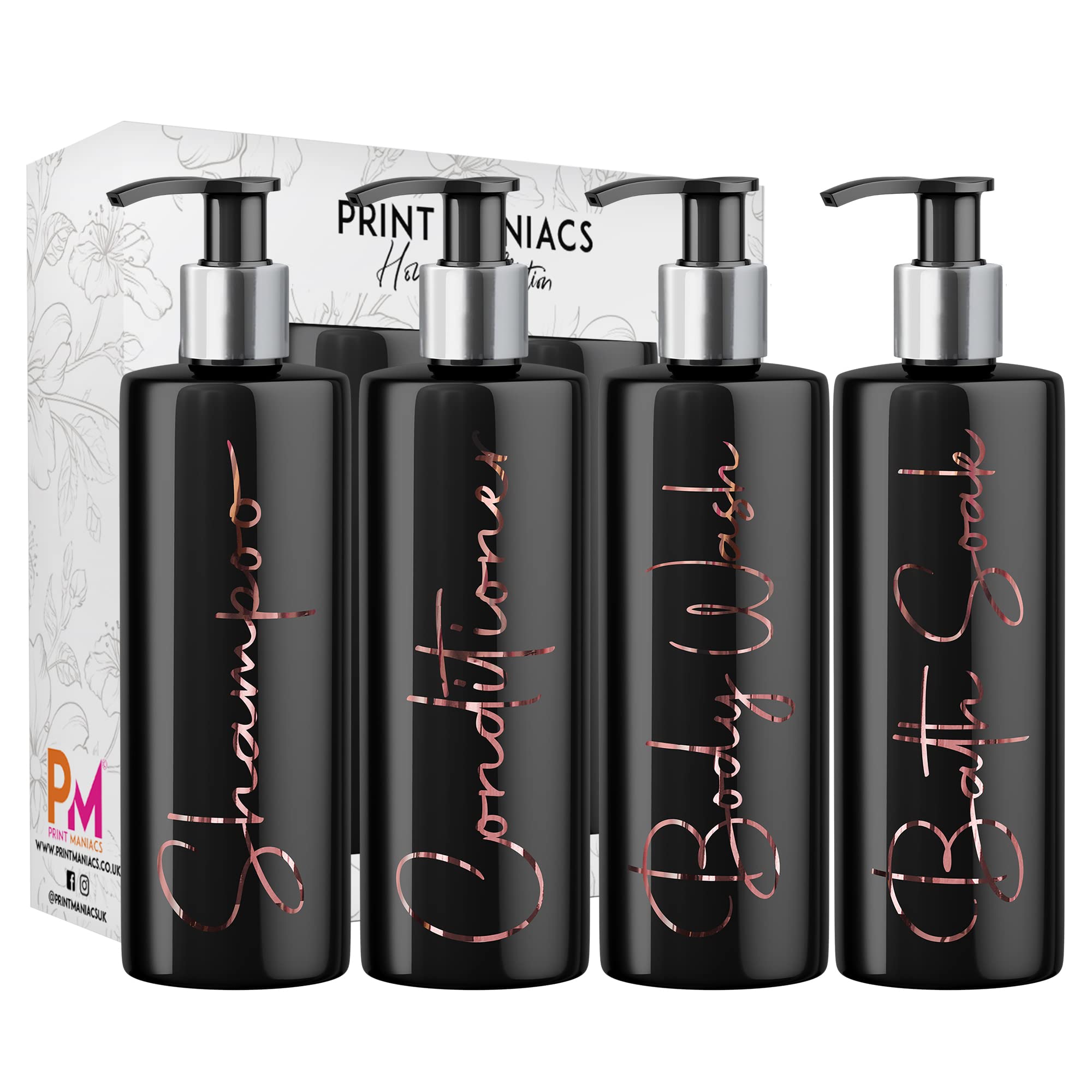 Print Maniacs Mrs Hinch Inspired Black Personalised Dispenser Silver Pump Bottles Set 4 (ROSE GOLD, F2)
