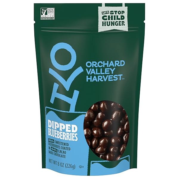 ORCHARD VALLEY HARVEST DARK CHOCOLATE DIPPED BLUEBERRIES, MADE WITH REAL SWEETENED BLUEBERRIES, GLUTEN FREE, NON-GMO, STAND UP BAG, 8 OZ (PACK OF 1), ON-THE-GO SNACK FOR THE WHOLE FAMILY