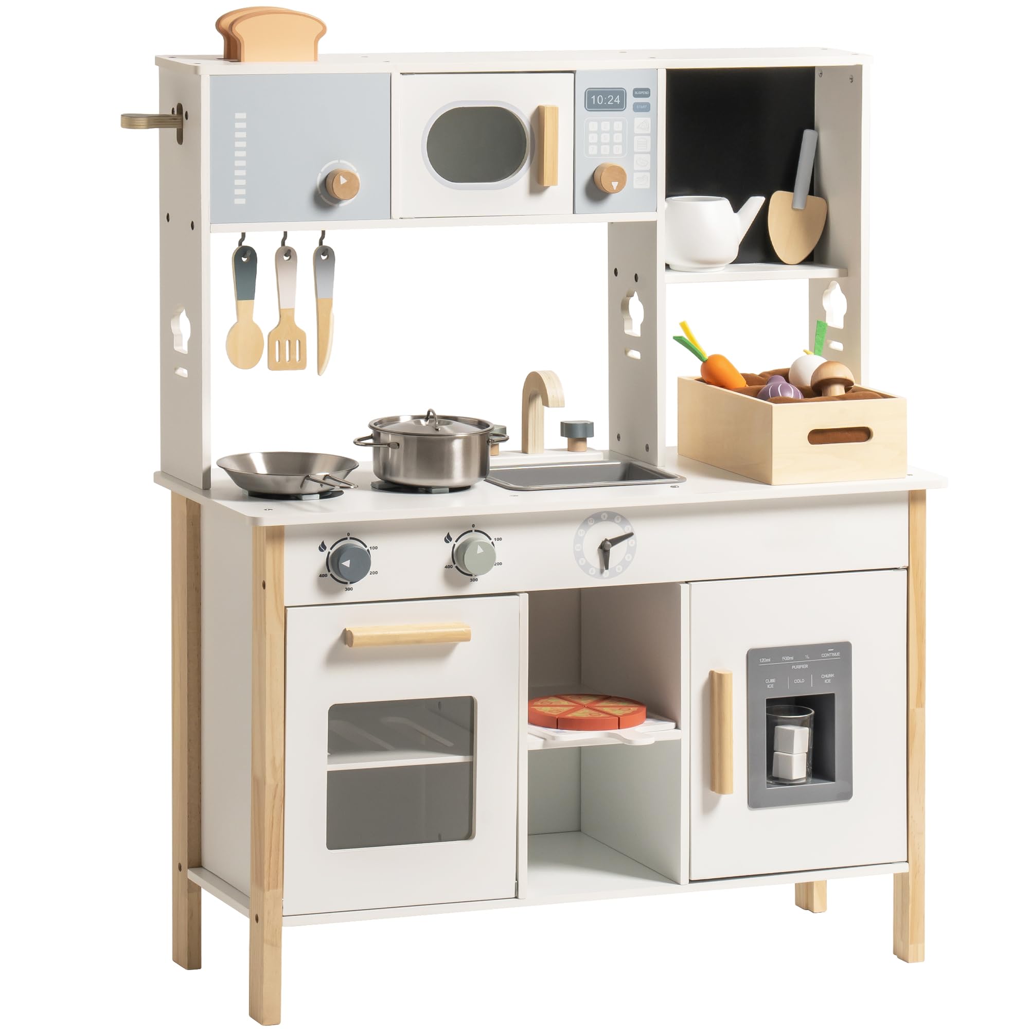 ROBOTIME Play Kitchen for Kids, Wooden Toy Kitchen Playset for Children with Toaster, Planting Box and Cutting Play Foods & Chalkboard, Shovel, Ice Maker, Toddler Toys Gift for Girls Boys Aged 3+