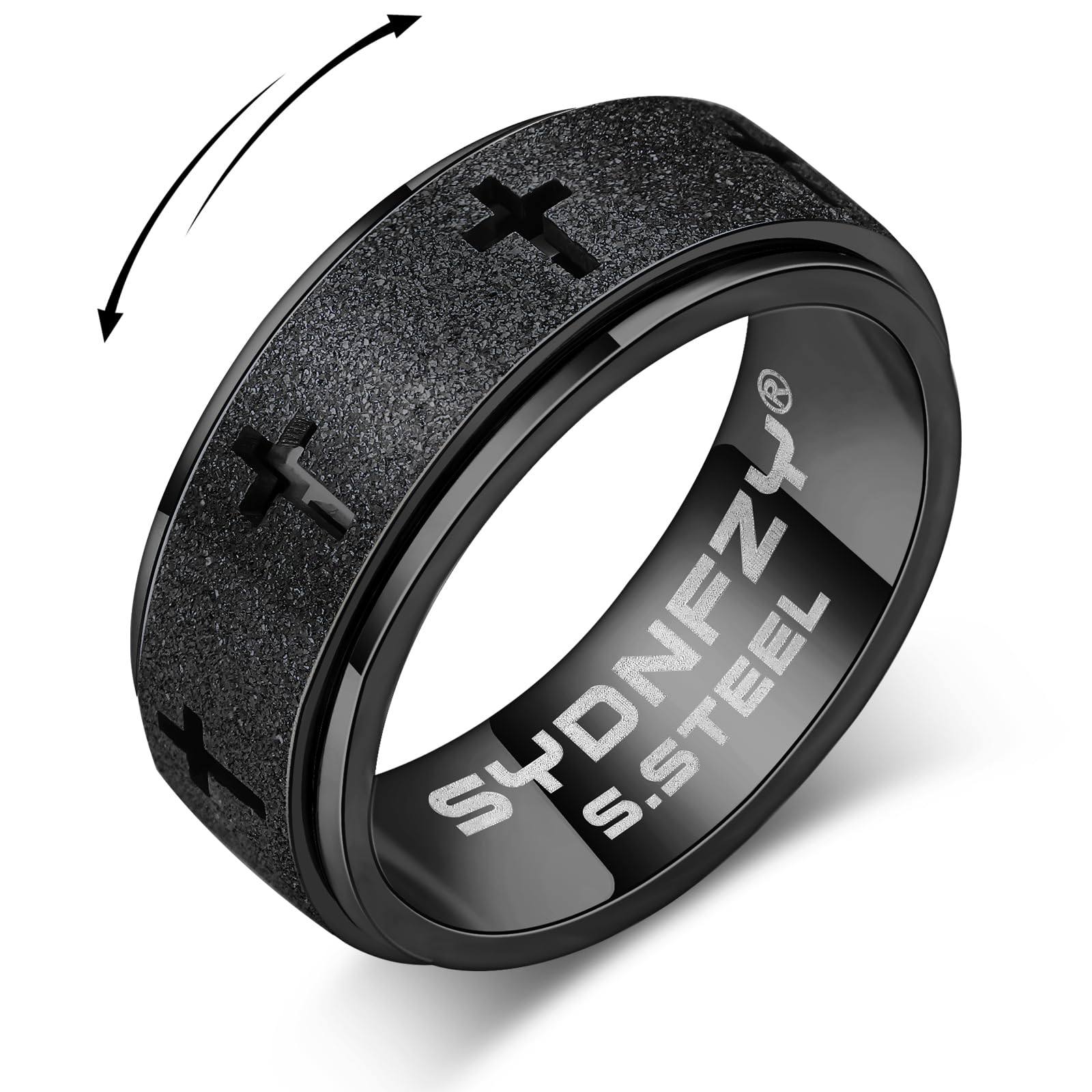 Anxiety Spinner Ring for Men - Stainless Steel Fidget Spinner Ring, Band Cross Thumb Roating Rings for Stress Relief 8mm Anxiety Relieve Fidget Toys for Adults Ring Size 6 7 8 9 10 11 (Black, 7)