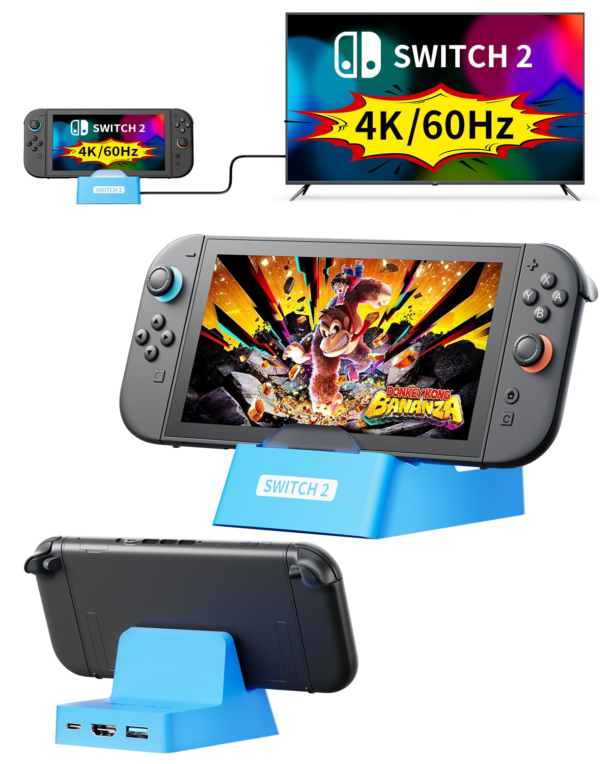 Blue Switch 2 TV Dock Station for Nintendo Switch 2, with 4K@60HZ HDMI/USB 3.0/100W Charge PD Port