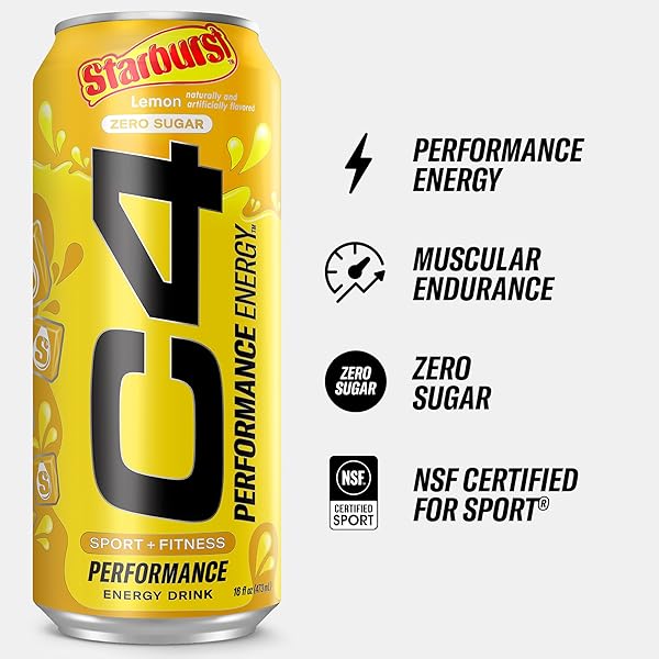 CELLUCOR C4 PERFORMANCE ENERGY DRINK | STARBURST LEMON | ZERO SUGAR CARBONATED PREWORKOUT ENERGY | 200MG CAFFEINE WITH BETA ALANINE | 16 FL OZ (12 PACK)