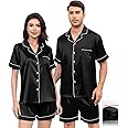 YOPUGEE Silk Matching Pajamas Set for Couples Women Men Stain Short Sleeve Sleepwear Button Down 2 Pcs Pjs Sets S-3XL