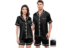YOPUGEE Silk Matching Pajamas Set for Couples Women Men Stain Short Sleeve Sleepwear Button Down 2 Pcs Pjs Sets S-3XL