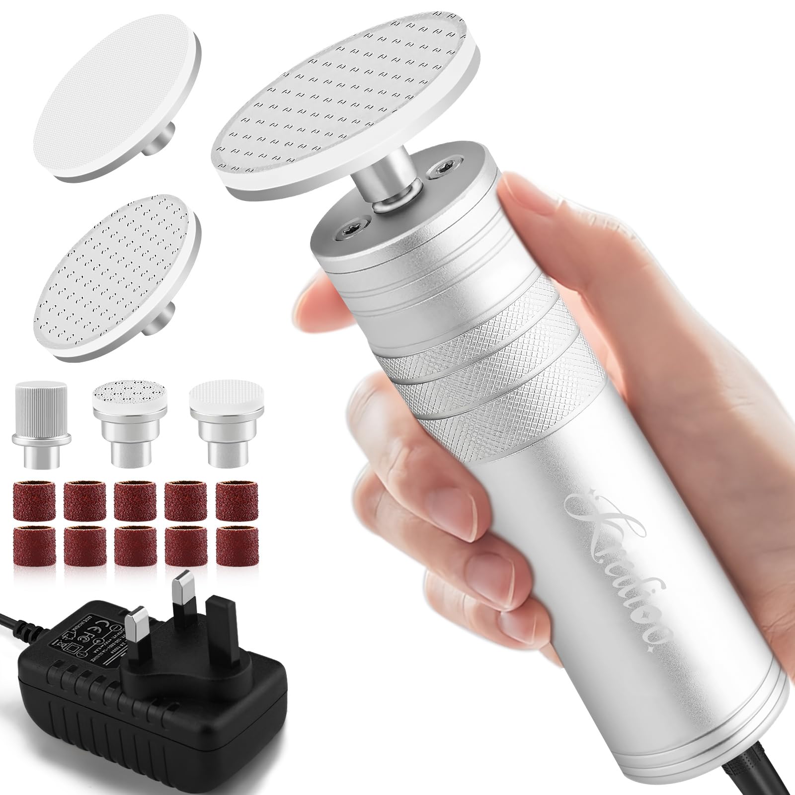 Kredioo Electric Foot File, Hand Foot Callus Remover, Powerful Manicure Pedicure Grinder for Cracked Heels, Corns, Dead Hard Dry Skin, with 4 Nano Glass Grinding Head, Clean Brush, UK Plug
