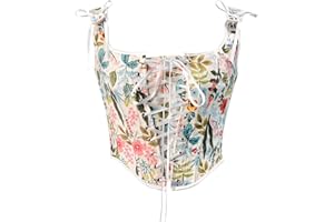 Bowanadacles Women Vintage Floral Camisole Flower Embroidery Pattern Tight Vest Drawstring Tie-up Tank Top Suspender Corset