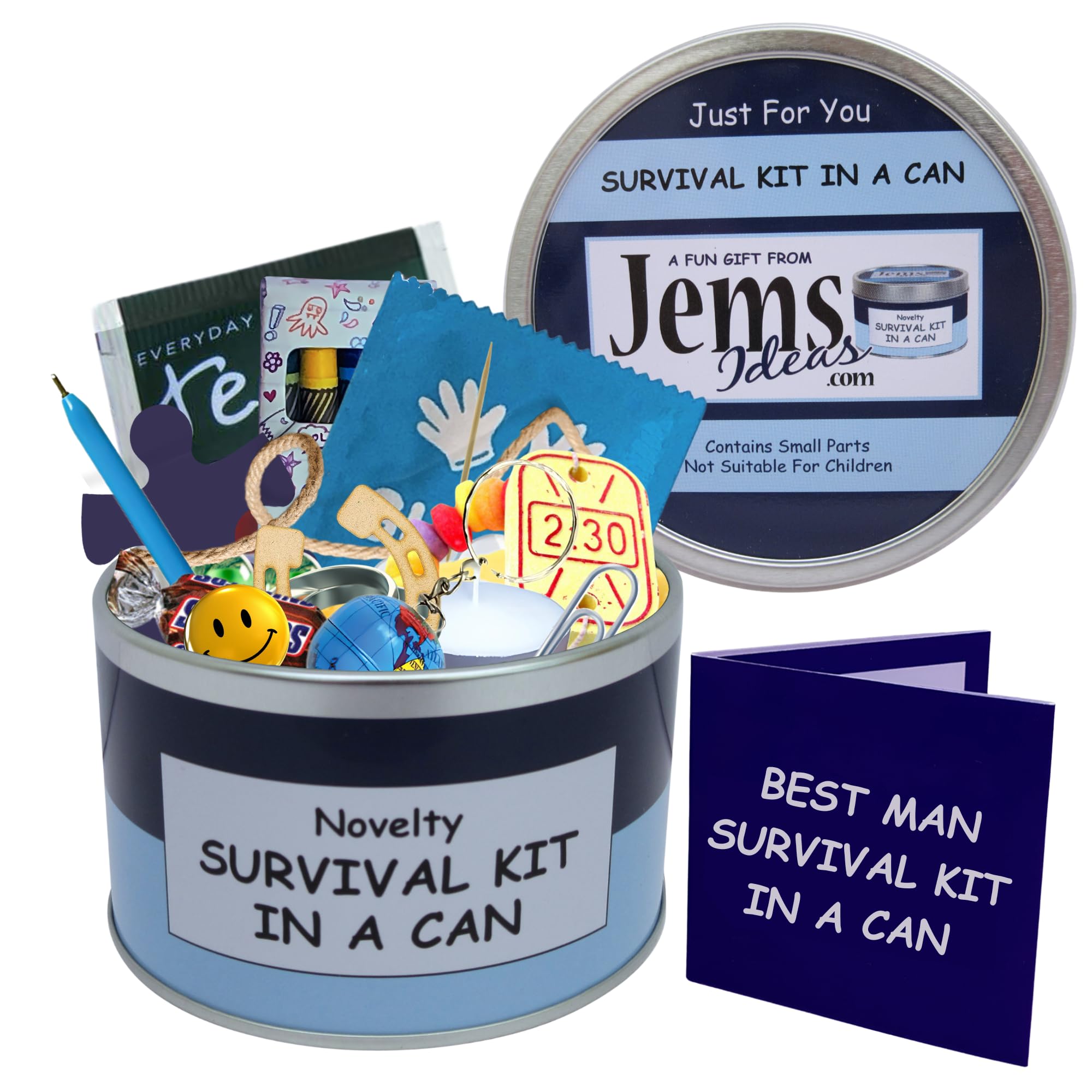 Best Man Survival Kit in a Can – Fun Novelty Wedding Day Gift – Unique Keepsake for Best Man – Quirky & Funny Gift Idea for Groomsmen – Compact Boxed Gift for Wedding Party (Blue/Navy)