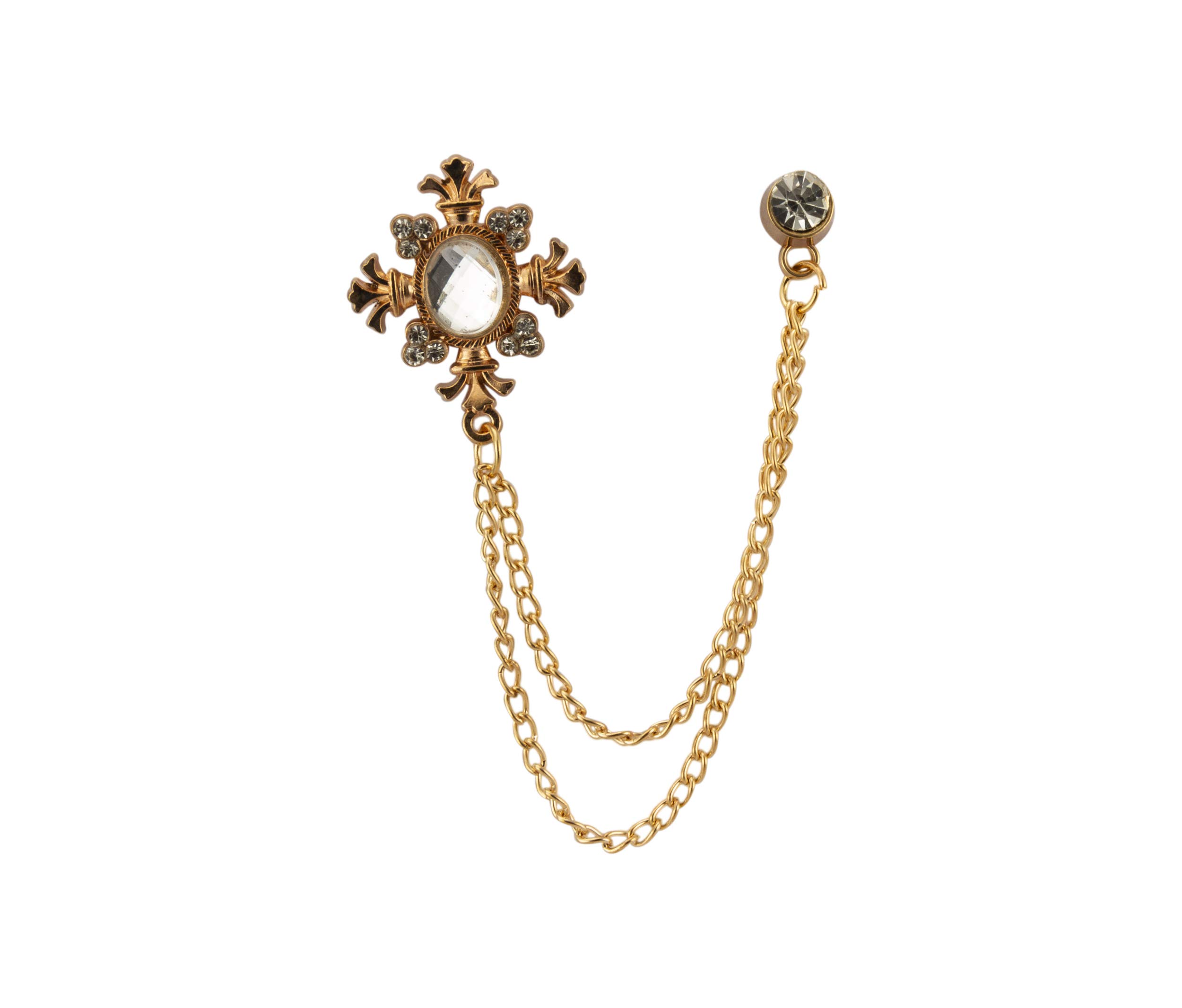 Brooch Lapel Pin for Men Transparent Stone with Rose Gold Engraving Hanging Chain Lapel Pin Badge Coat Suit Wedding Gift Party Shirt Collar Accessories