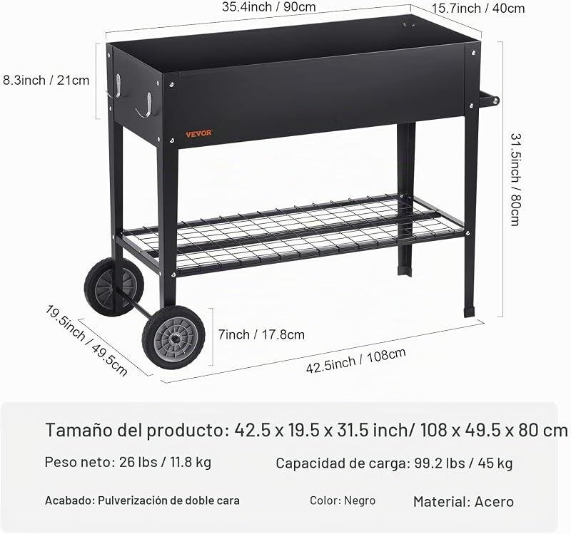 Cama elevada de jardín, 42.5 x 19.5 x 31.5 pulgadas, caja elevada de metal galvanizado, cajas elevadas para plantar al aire libre con patas, para cultivar flores/verduras/hierbas en patio, jardí