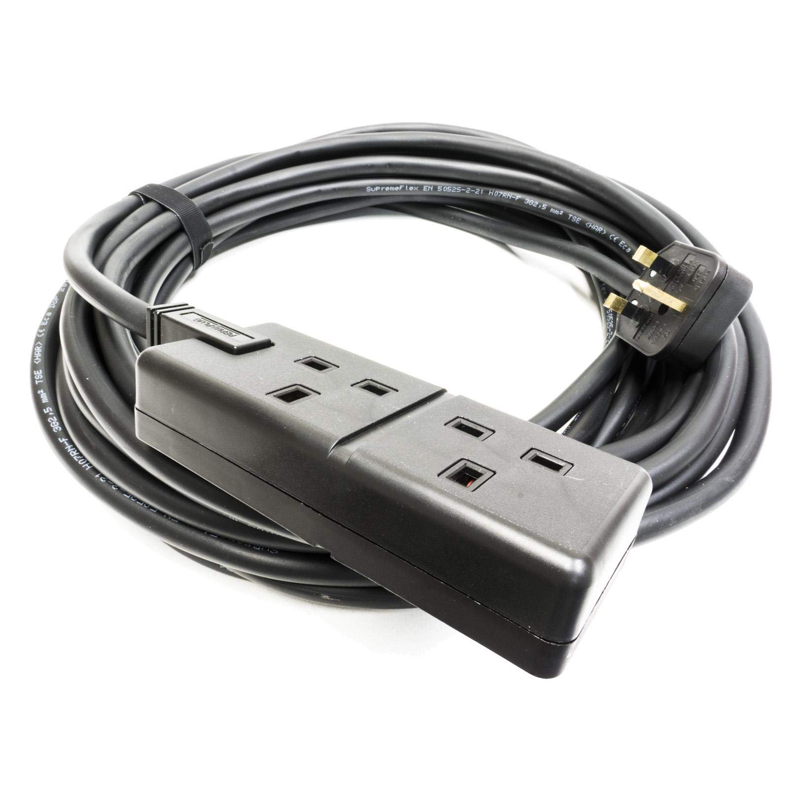 TOUGH H07RN-F Rubber Mains cable. Uk Plug to 2 Gang Socket, Black. Permaplug. 13amp