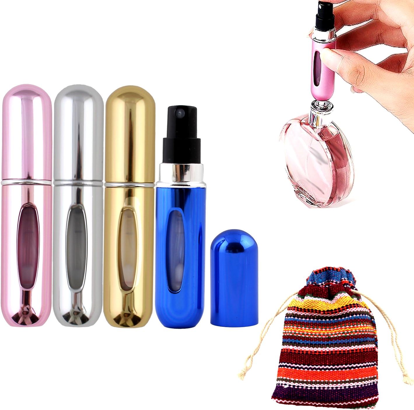 Easter Day Gifts for Her/Him, Refillable Perfume Atomizer Travel Perfume Spray Bottle Easy Pump Atomizer Refillable Empty Perfume Sprayer, 5ml, Aircarft Approved (Metallic 4 pack)