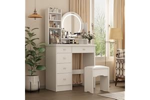 MOUMON Vanity Desk Vanity Mirror Makeup Desk with Lights, Vanity Desk with Mirror and Lights, Makeup Vanity with Drawers and Shelves, Crystal Handles, Cushion Stool, White
