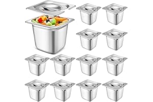 Maxcheck 12 Pcs Stainless Steel Hotel Pan with Lids 1/6 Size Chafing Steam Table Catering Pans with Notched Cover Commercial Stackable Metal Steamer for Buffet Party Storage Food(5.9 Inch)