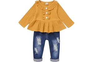 SAEABY Toddler Baby Girl Clothes Winter Fall Outfits Long Sleeve Ruffle Shirt and Flare Denim Jeans Girls Clothing Set