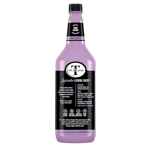 MR & MRS T LAVENDER LEMON DROP MIX, 1 L BOTTLE (PACK OF 6), LIGHT FLORAL AND SWEET FLAVORED COCKTAIL MIXER, MADE WITH CANE SUGAR, PERFECT FOR TRADITIONAL LEMON DROP AND MOCKTAIL DRINKS