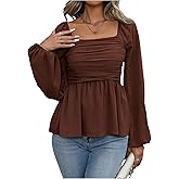 Floerns Women's Bishop Long Sleeve Ruched Square Neck Ruffle Hem Peplum Blouse Top