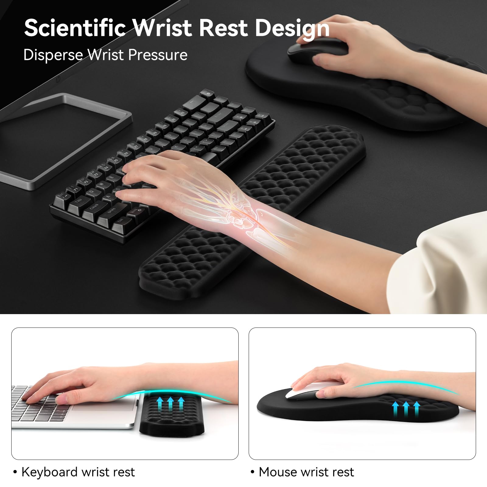 EooCoo Ergonomisches Mauspad und Handballenauflage Tastatur, Mousepad mit Massage-Noppen, Gaming Memory-Schaum Mausmatte mit Rutschfester PU-Basis, für Schmerzlinderung, für Alle Maus Laptop, PC 5