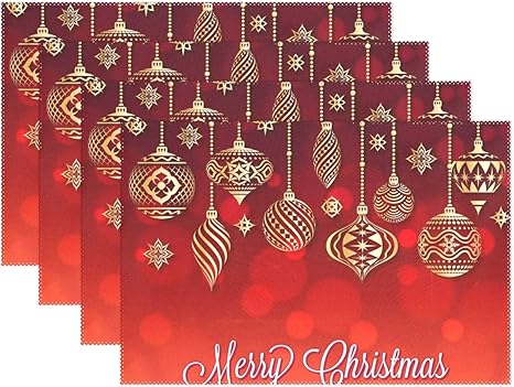 Amazon Co Jp Vantaso テーブルプレースマット 素敵なクリスマステクスチャ ゴールドベル付き 洗濯可能 耐熱 長方形ダイニングテーブル 12x18インチ 12x18x6 In ホーム キッチン