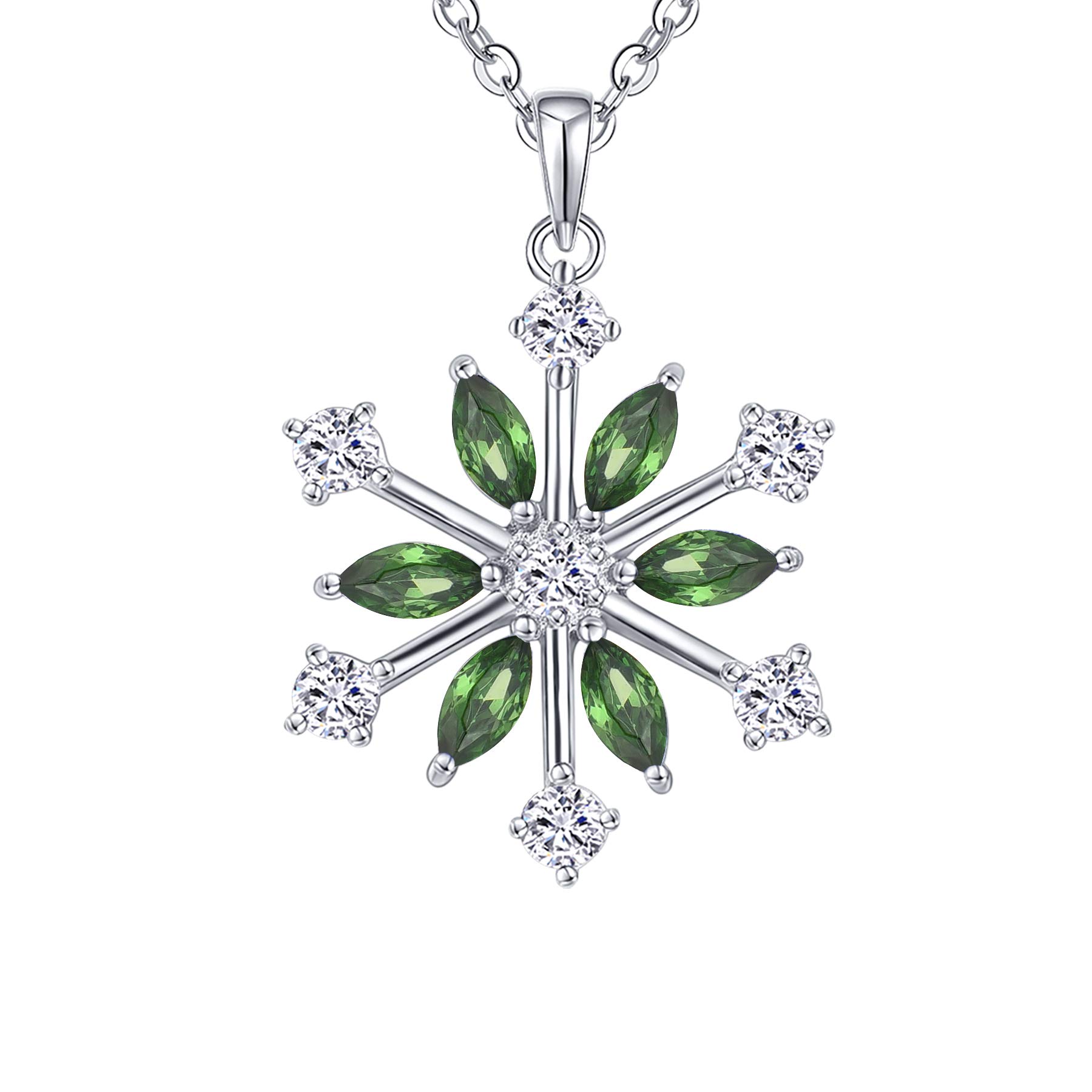 JO WISDOM Snowflake Necklace,925 Sterling Silver Frozen Snowflakes 3A Cubic Zirconia May Birthstone Emerald Color Pendant Necklace,Christmas Jewellery for Women