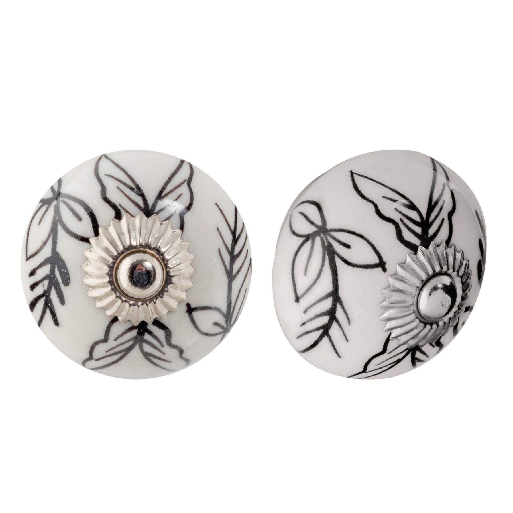 Nicola Spring Ceramic Cupboard Drawer Handle Knobs - Floral Design - Black/White Leaves - Pack of 6